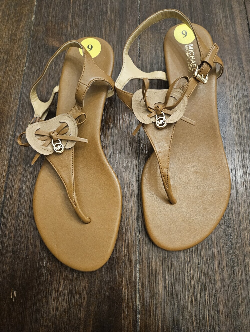 Michael Kors Brown T-Strap Sandals with Bow & Logo Charm Size 9